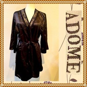 “ADOME” Black Short Polyester Satin Kimono Robe